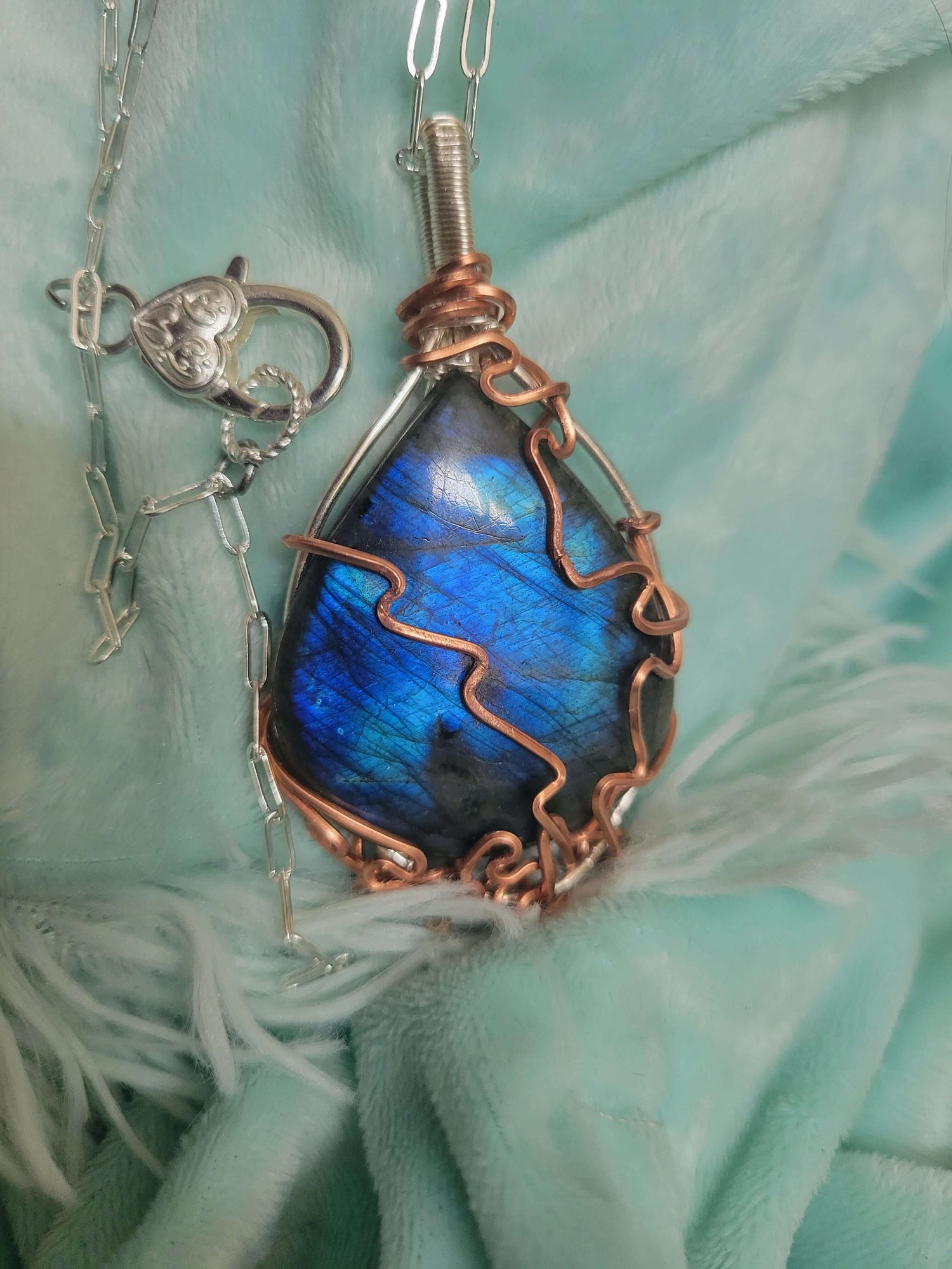 Bright blue fire Labradorite, handmade Teardrop shape pendant in pure  copper wire , zig zag design-Artisan,  1 of a kind , Pendant , on Silver paperclip link chain w Silver oversized heart lock Lobster clasp- made by VERES Celtic Designs 