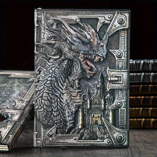 Unique notebook -Front side shows  Mythical  large Dragon w castle behind, 3d , detailed  writing book, notebook, journal   color- silver & color