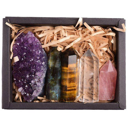 5pc Natural Gemstone Giftset-hexagon-colunmns-Amethyst-quartz-labradorite-,Rose Quartz, Tigers Eye 350g in box w paper shredding -Tartarian Treasures & Trinkets 