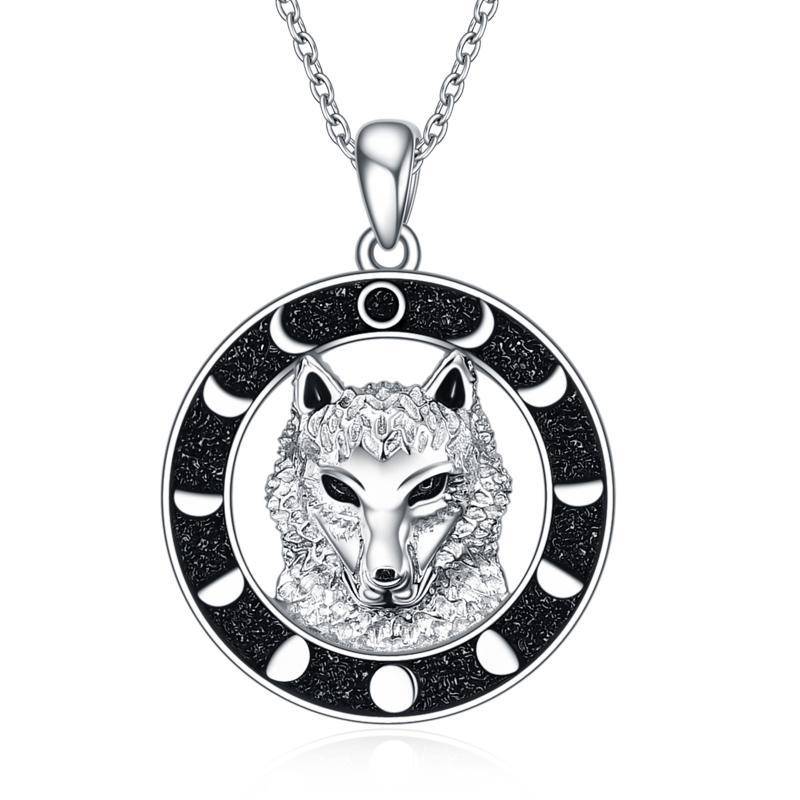 925 Sterling Silver mens pendant , Wolf in middle surrounded by the phases of the moon in black inlay, viking, celtic style ,  Comes w Sterling silver chain  , beautiful gift  , Tartarian Treasures & Trinkets sale