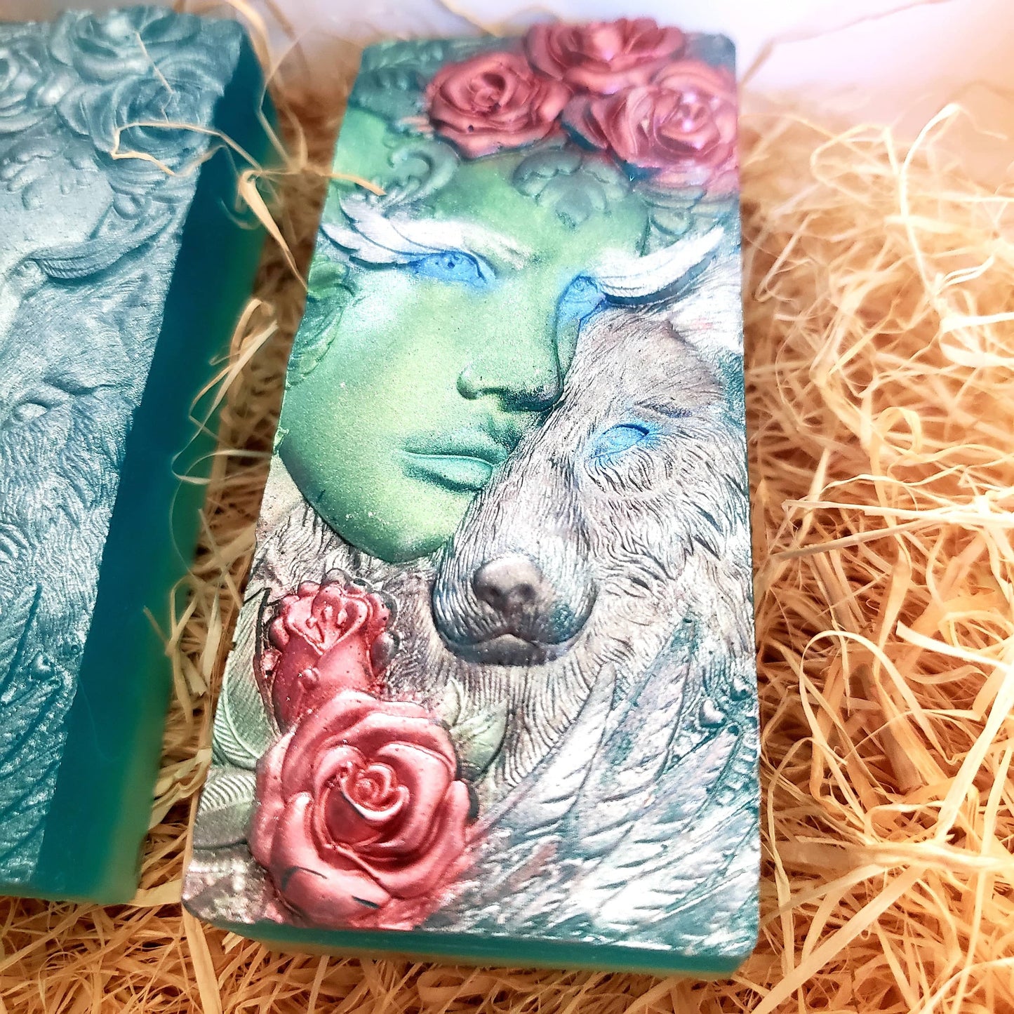 Blueberry Cocoa Butter  Soap- Wildcrafted botanical, Holistic detergent and chemical free - Handpainted (mica powder , handmade designer soaps-Greenman w Wolf -  Wildcrafted Giftbaskets- BeTTerSkin Holistics 