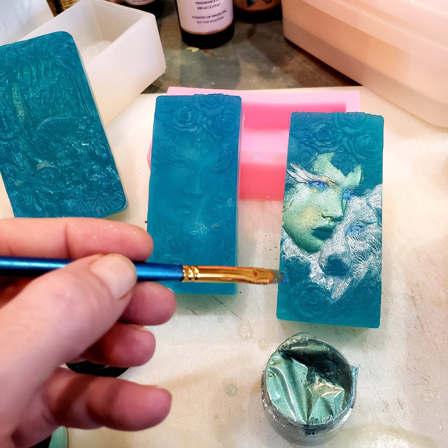  Blueberry Cocoa Butter  Soap- Wildcrafted botanical, Holistic detergent and chemical free - Handpainted (mica powder , handmade designer soaps-Greenman w Wolf -  Wildcrafted Giftbaskets- BeTTerSkin Holistics-Glycerin soap  base 