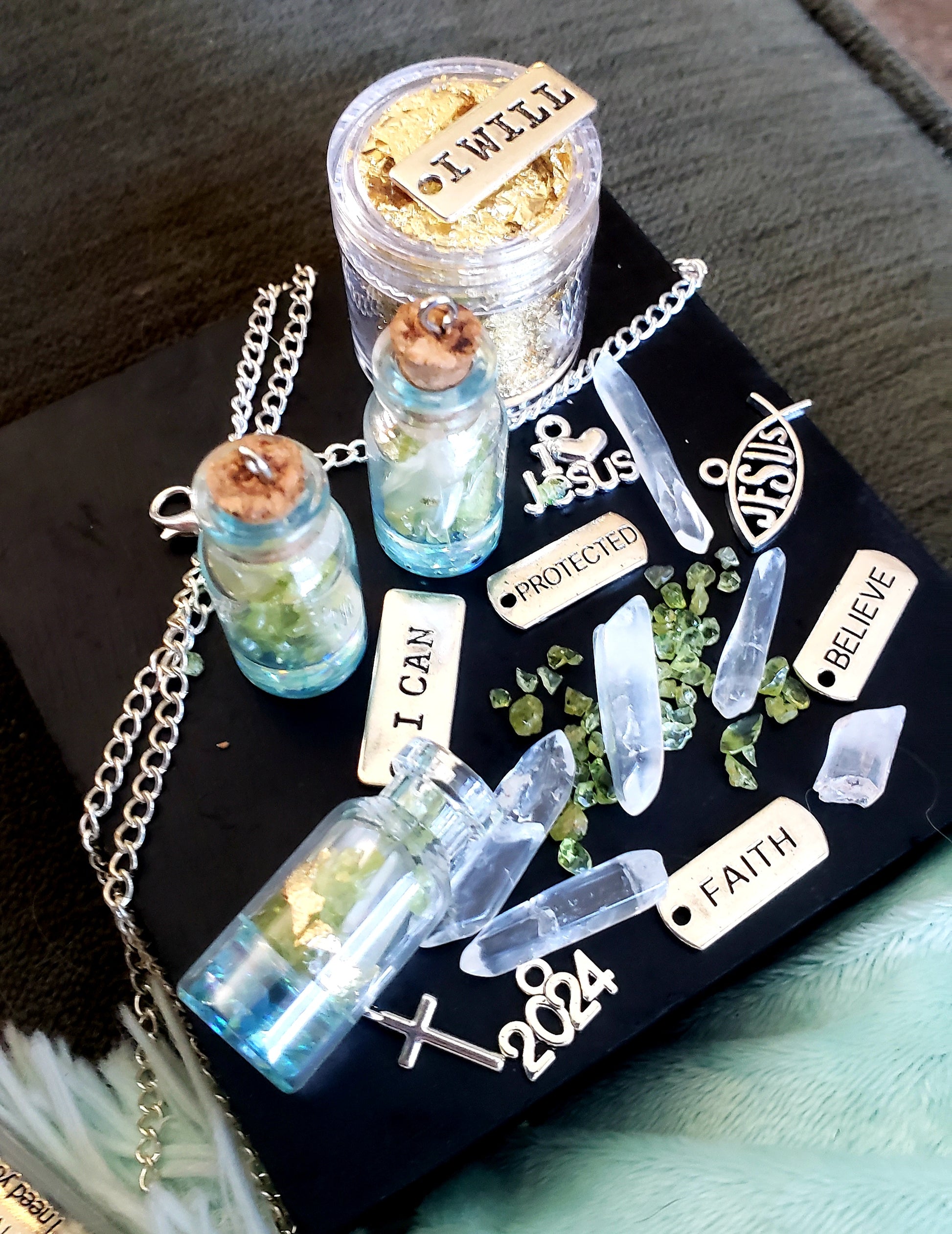 Handmade Peridot & Quartz Gemstone Wish Bottles- with encouraging messages -i can, i will, faith, believe, & Protected-
VERES Celtic Designs Original - Tartarian Treasures & Trinkets