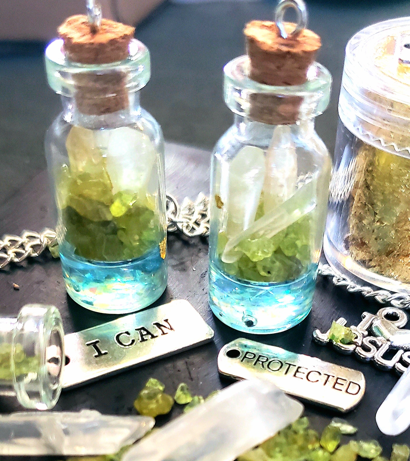 Close up Handmade Peridot & Quartz Gemstone Wish Bottles-VERES Celtic Designs Original - Tartarian Treasures & Trinkets -messages   I Can, Protected 