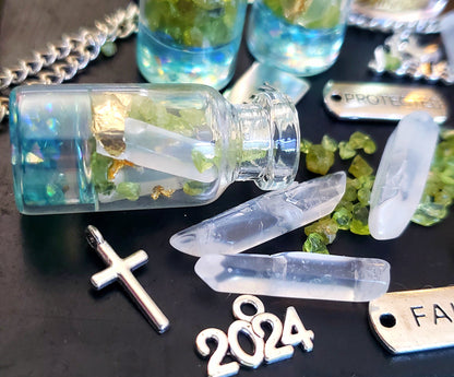 Handmade Peridot & Quartz Gemstone Wish Bottles-VERES Celtic Designs Original - Charms , Jesus cross, 2024 Tag, exclusively    at Tartarian Treasures & Trinkets