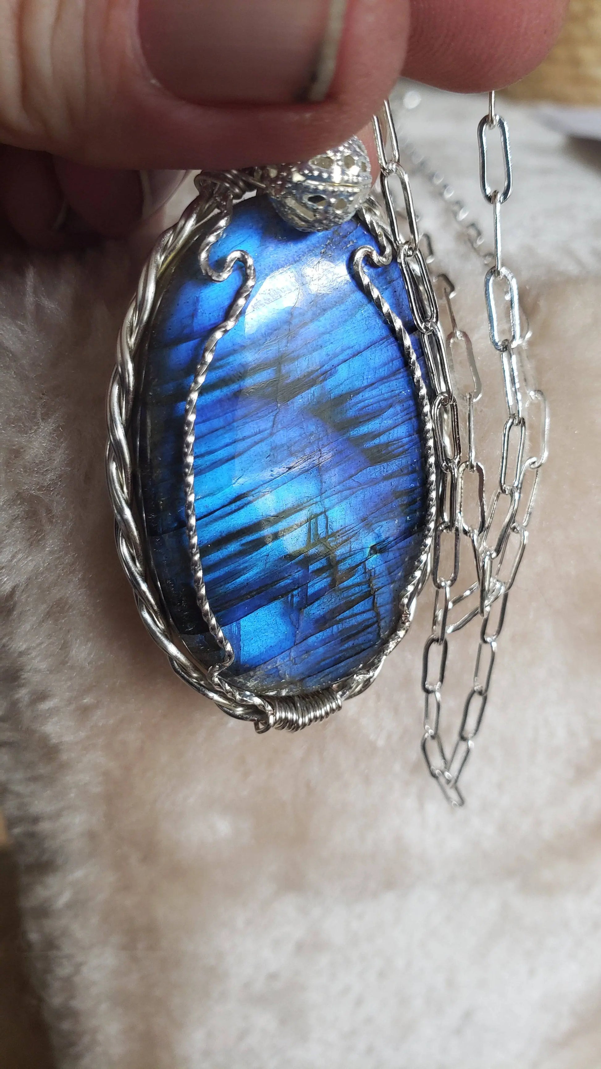 Untreated, blue fire Labradorite, Finland, Front side-Rare, Pendant, artisan 70ct,large  925 silver rope chain,Handmade,VERES Celtic Designs 