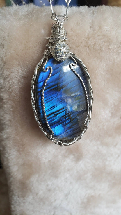 Untreated, blue fire Labradorite, Finland, Front side-Rare, Pendant, artisan jewelry 70ct,large  925 silver rope chain,Handmade,VERES Celtic Designs