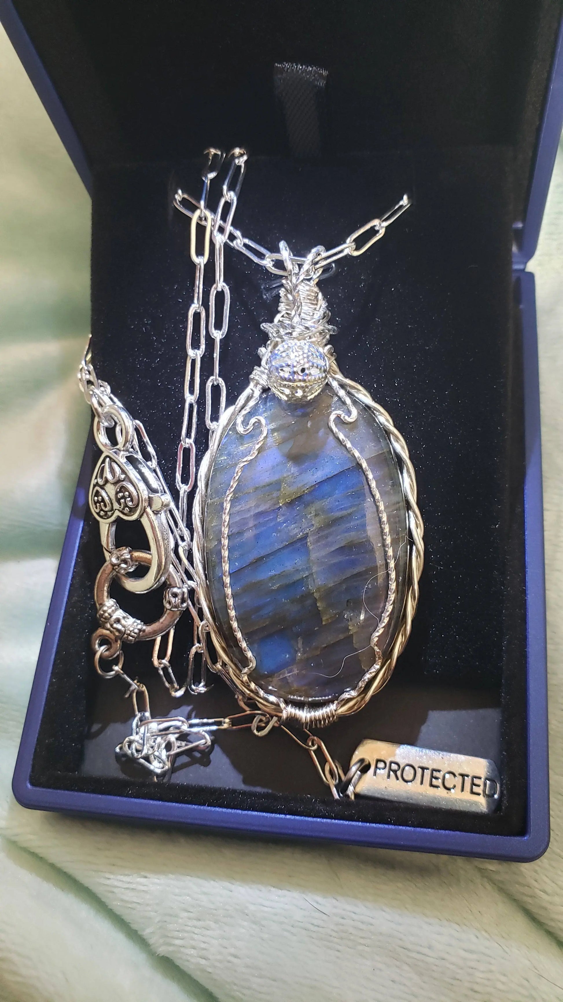 Untreated, blue fire Labradorite, Finland, Front side-Rare, Pendant, artisan 70ct,large  925 silver rope chain,Handmade,VERES Celtic Designs - "protected" charming added to chain