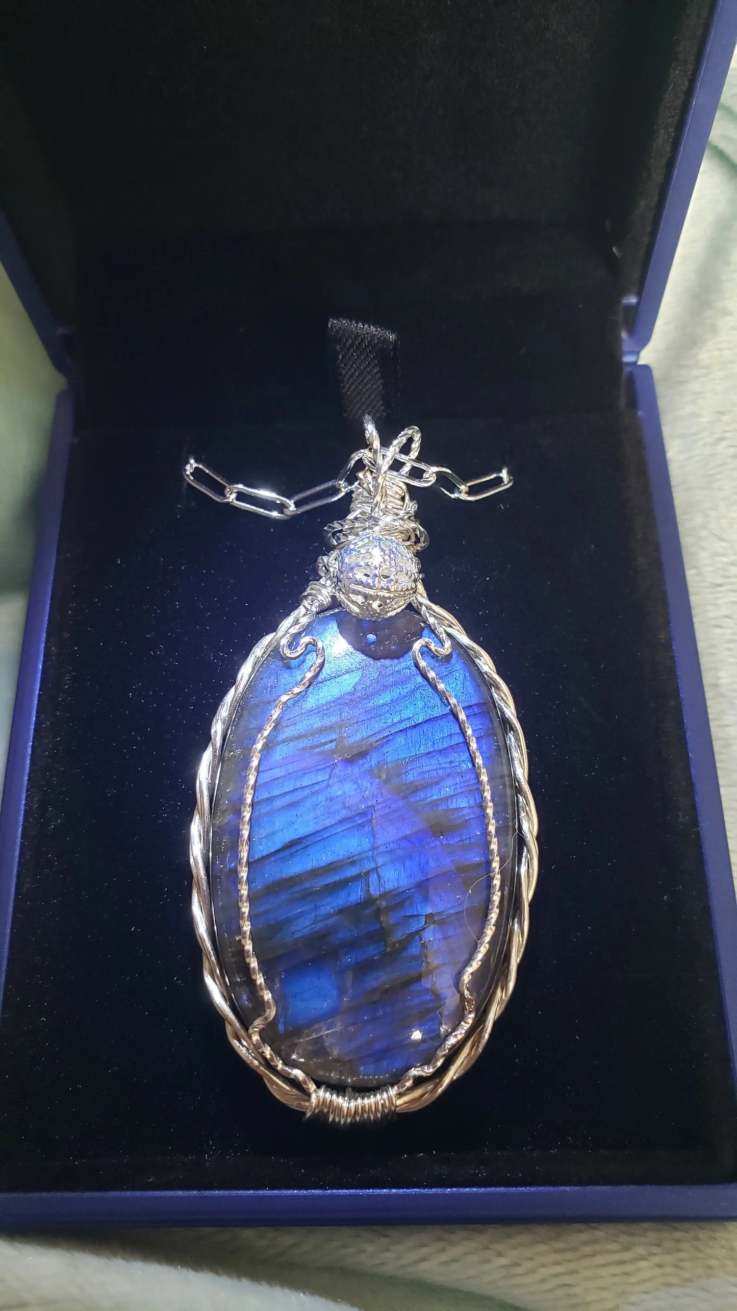 Untreated, blue fire Labradorite, Finland, Front side-Rare, Pendant, artisan 70ct,large  925 silver rope chain,Handmade,VERES Celtic Designs