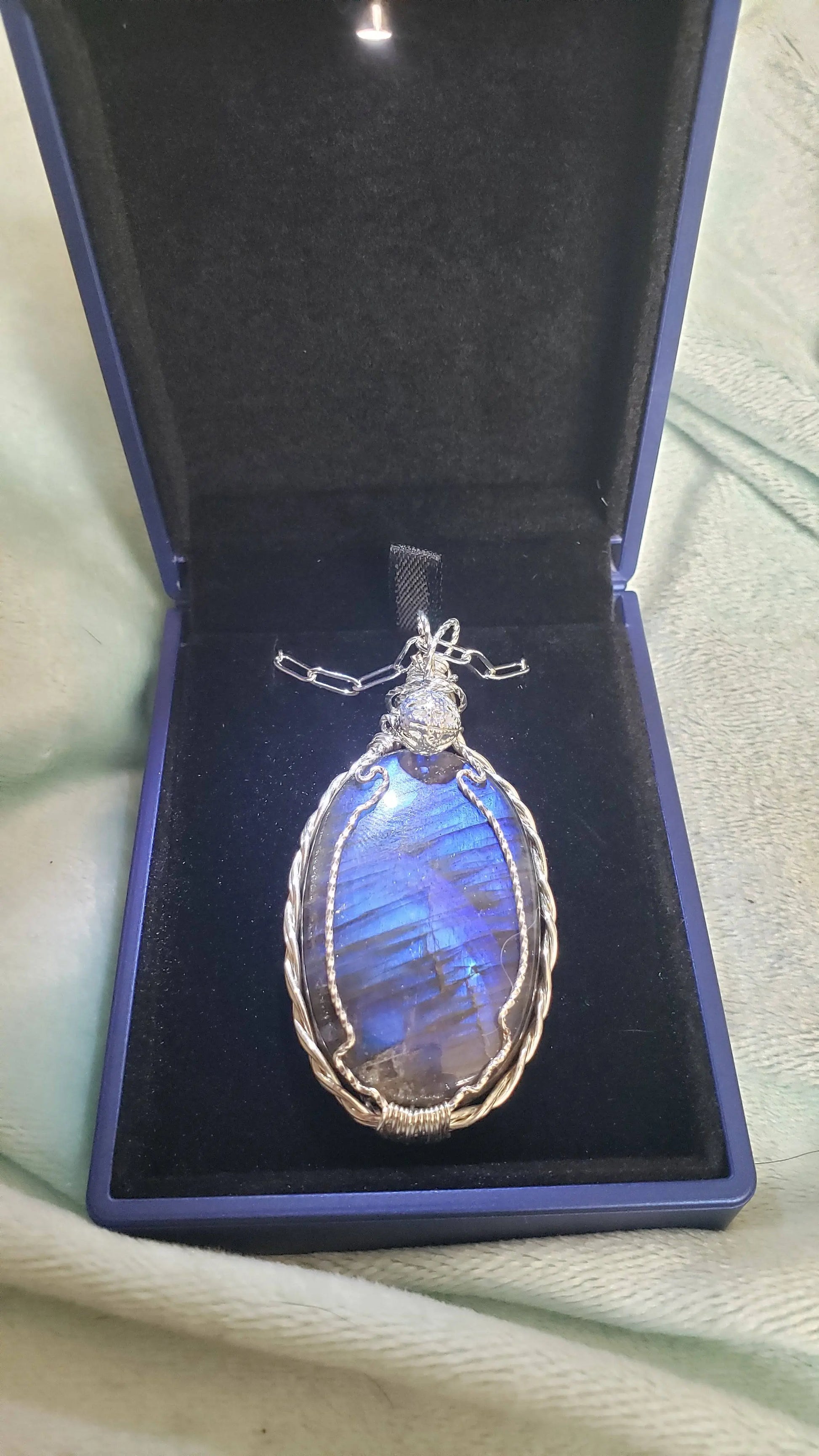 Untreated, blue fire Labradorite, Finland, Front side-Rare, Pendant, artisan 70ct,large  925 silver rope chain,Handmade,VERES Celtic Designs