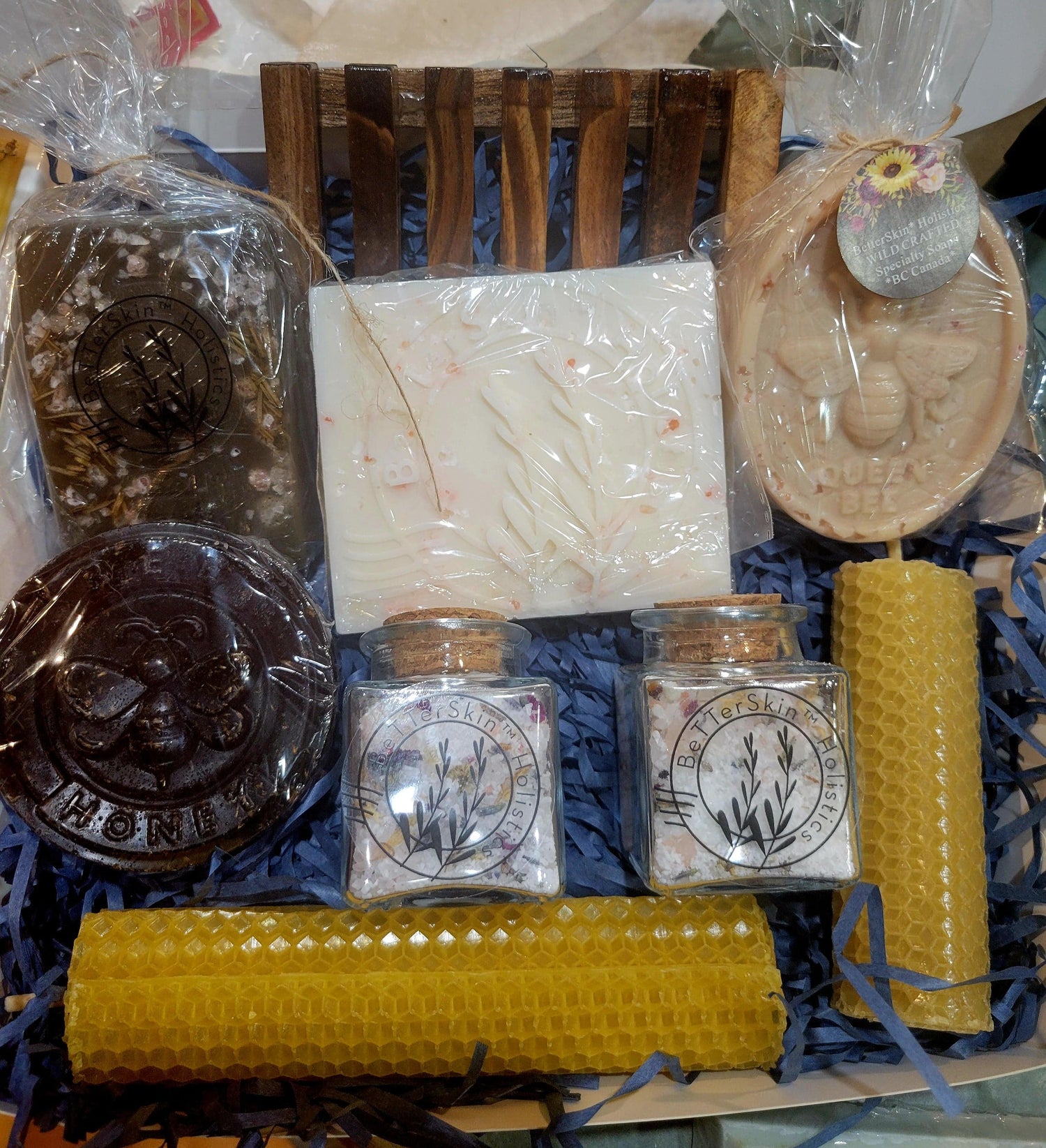 Handmade, Wildcrafted, Botanical, Holistic Spa Giftbaskets- 1 Chamomile & Raw Honey Soap, 1 Peppermint Rose 6 oz square soap,1  rosemary & himalayan rock salt soap, 2 5pml square glass Bath salt samples,  french lavender and Lemongrass Verbena Scented  and 2 rolled Beeswax candles, 1 wooden drying soap rack -BetterSkin Holistics 