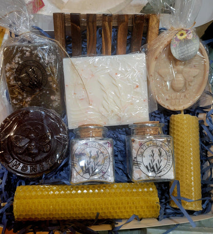 Handmade, Wildcrafted, Botanical, Holistic Spa Giftbaskets- 1 Chamomile & Raw Honey Soap, 1 Peppermint Rose 6 oz square soap,1  rosemary & himalayan rock salt soap, 2 5pml square glass Bath salt samples,  french lavender and Lemongrass Verbena Scented  and 2 rolled Beeswax candles, 1 wooden drying soap rack -BetterSkin Holistics 