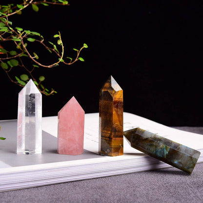 5pc Natural Gemstone Giftset-hexagon-columns-Amethyst-quartz-labradorite-,Rose Quartz, Tigers Eye 350g in box w paper shredding -Tartarian Treasures & Trinkets