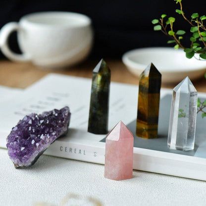 5pc Natural Gemstone Giftset-hexagon-columns-Amethyst-quartz-labradorite-,Rose Quartz, Tigers Eye 350g in box w paper shredding -Tartarian Treasures & Trinkets