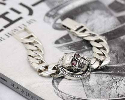 925 Sterling Silver Thick Solid Silver Mens Skull Bracelet w Red Stone Eyes-Durable - Tartarian Treasures & Trinkets