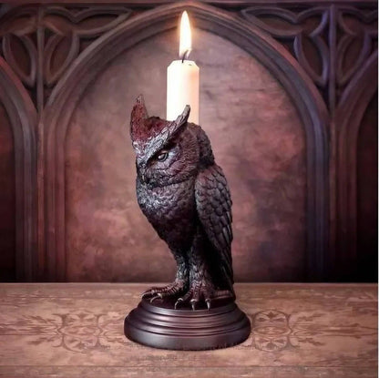 Medieval Owl Candle Holders- Detailed Resin dark brown like wood-taper candle - Owl standing looking down- Tartarian Treasures & Trinkets 