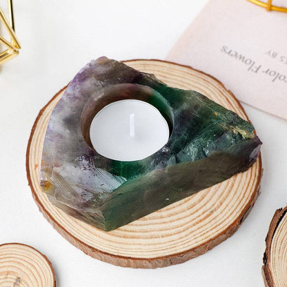 atural Stone gemstone  candle holders 5inch wide 1 inch tall , raimbow fluorite-Tartarian Treasures & Trinkets