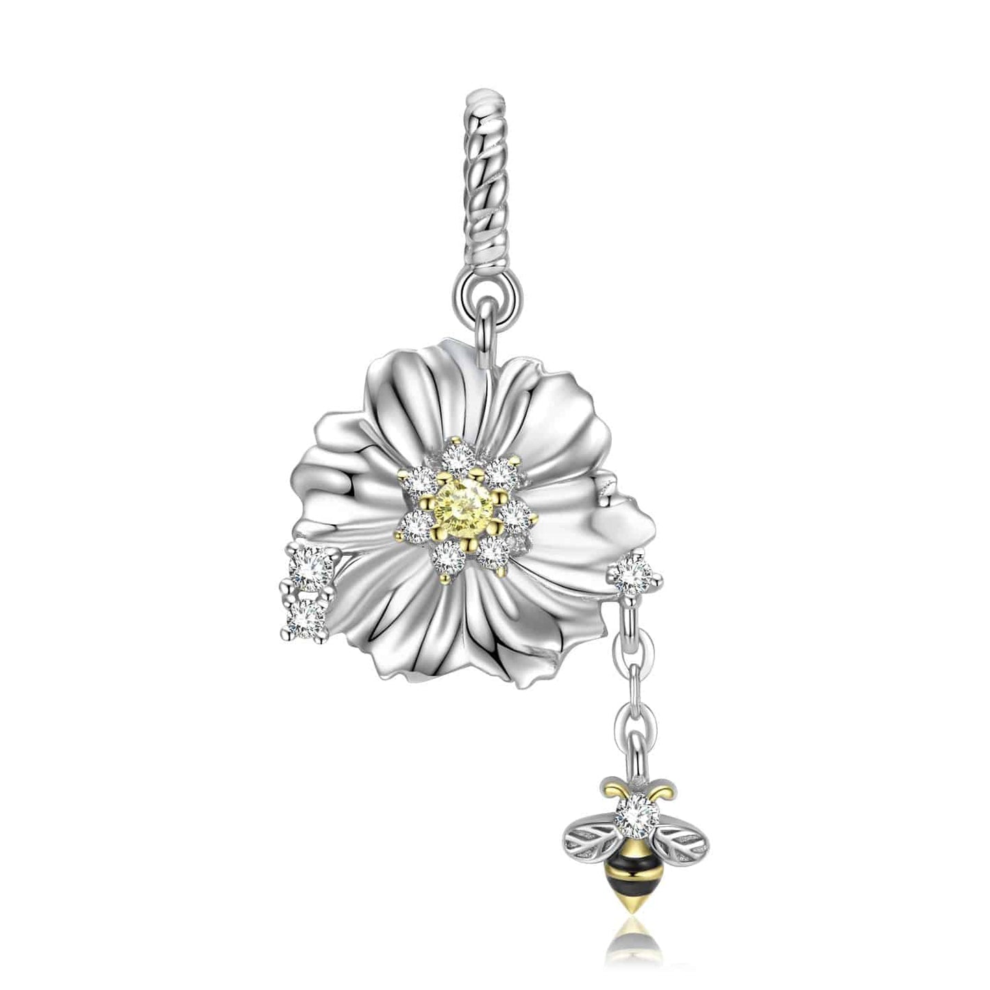 925 Silver Flower w Dangling  Bee & Flower Pendant  w plated  gold accents  Pendant-Tartarian Treasures & Trinkets