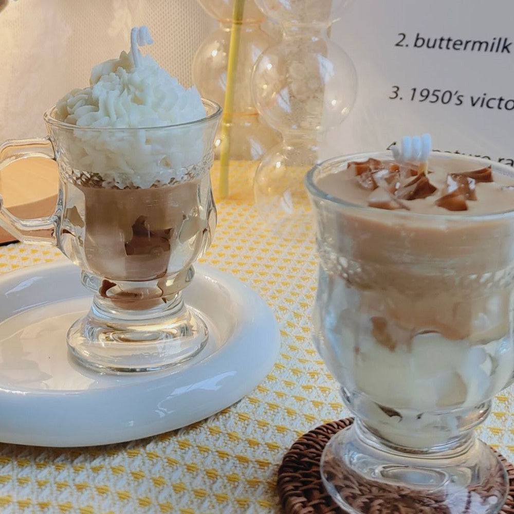 Handmade Realistic looking , soy candle , Cafe Latte on left and Ice Coffee Candle on right  in  Large Ice Cream Glass w Whip Cream top  Ice Cube top  - Tartarian Treasures & Trinkets 