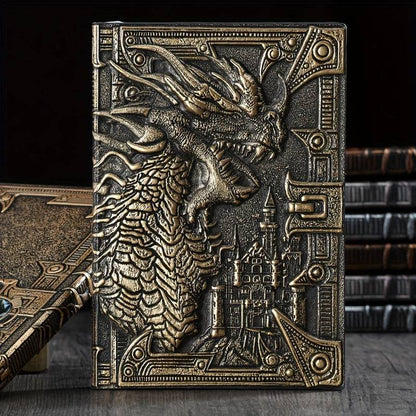 Unique notebook -Front side shows  Mythical  large Dragon w castle behind, 3d , detailed  writing book, notebook, journal  -bronze color