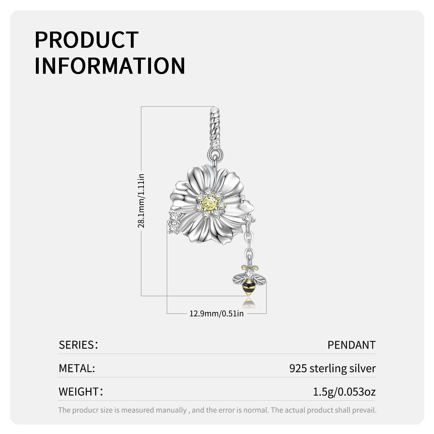 12.9mm925 Silver Flower w Dangling  Bee & Flower Pendant  w plated  gold accents  Pendant-Tartarian Treasures & Trinkets 1.5g  28.1x 12.9 mm