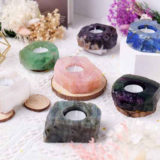 Natural Stone gemstone  candle holders 5inch wide 1 inch tall , rainbow Flourite, Lapis Lazuli,  jade , Amethyst,  white Quartz, labradorite,  green calcite, rose Quartz-Tartarian Treasures & Trinkets 