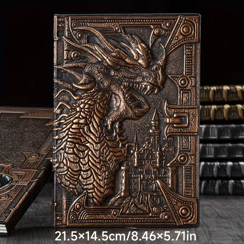 Unique notebook -Front side shows  Mythical  large Dragon w castle behind, 3d , detailed  writing book, notebook, journal , red bronze color  