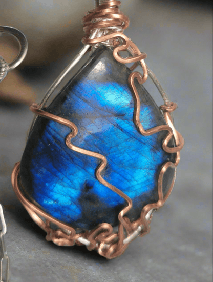 Untreated, large teardrop shape,  blue fire Labradorite, Front side- copper wire wrap, lightning bolt  design, Pendant, artisan 75ct,large, paperclip chain chain,Handmade,VERES Celtic Designs