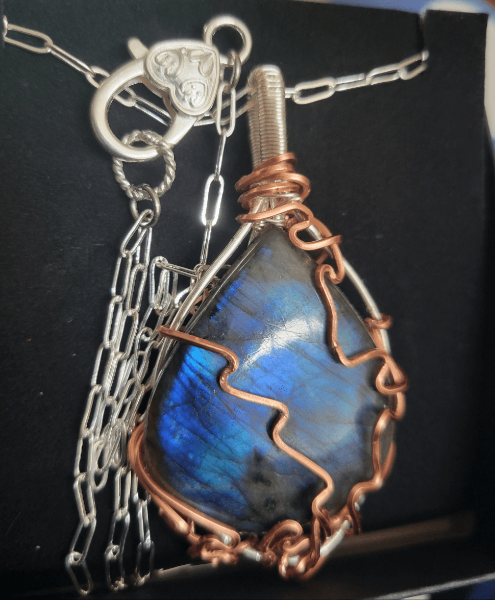 Untreated, large teardrop shape,  blue fire Labradorite, Front side- copper wire wrap, lightning bolt  design, Pendant, artisan 75ct,large, paperclip chain chain,Handmade,VERES Celtic Designs