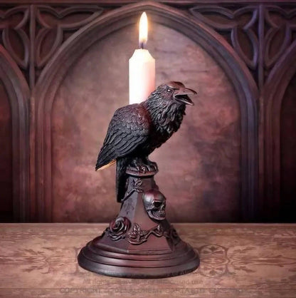 Medieval, Viking, odin, Raven Candle Holder- Detailed Resin dark brown like wood-taper candle - Raven on perch w mouth open calling - Tartarian Treasures & Trinkets 