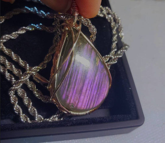 Untreated , Purple, Pink Labradorite Front side-Rare, Pendant, artisan 70ct,large  925 silver rope chain,Handmade,VERES Celtic Designs 