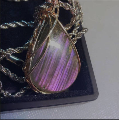 Untreated , Purple, Pink Labradorite Front side-Rare, Pendant, artisan 70ct,large  925 silver rope chain,Handmade,VERES Celtic Designs 