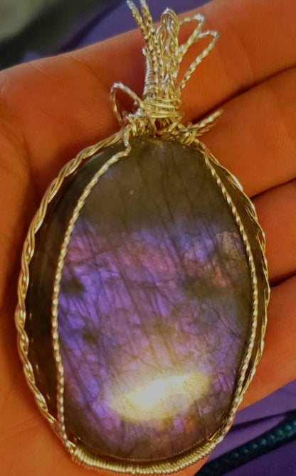 Front side-Rare, Purple , pink, Labradorite Pendant, artisan 130ct,large , rare,Handmade,VERES Celtic Designs