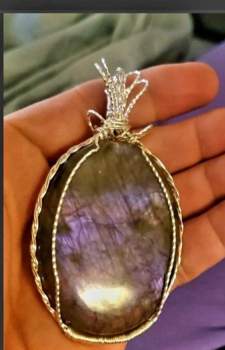 Front side-Rare, Purple , pink, Labradorite Pendant, artisan 130ct,large , rare,Handmade,VERES Celtic Designs