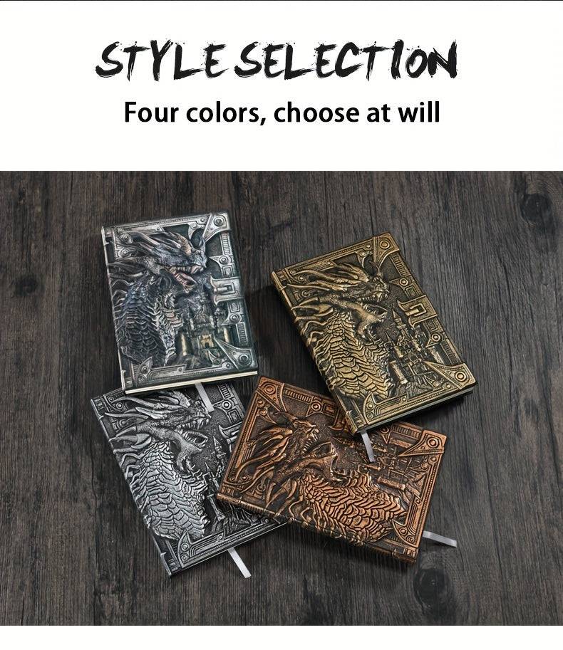 3d embossed, detailed, dragon writing  journal , notebook,  Showing all 4 color choices -red bronze-silver-silver w color or Bronze 