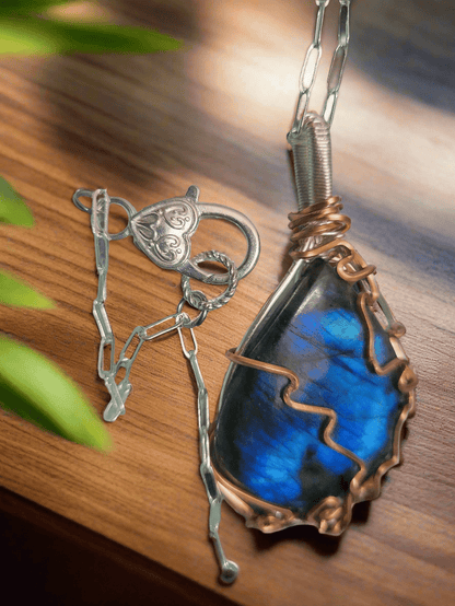 75ct Blue FIRE Canadian Labradorite Handmade Gemstone Pendant, copper wire wrapping, with silver paperclip chain and large custom silver heart lock lobster clasp