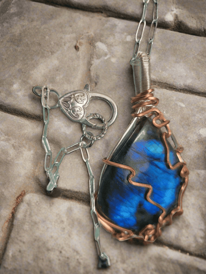 Untreated, large teardrop shape,  blue fire Labradorite, Front side- copper wire wrap, lightning bolt  design, Pendant, artisan 75ct,large, paperclip chain chain,Handmade,VERES Celtic Designs