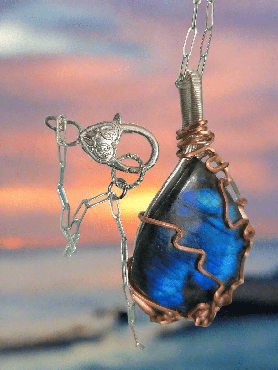 Untreated, large teardrop shape,  blue fire Labradorite, Front side- copper wire wrap, lightning bolt  design, Pendant, artisan 75ct,large, paperclip chain chain,Handmade,VERES Celtic Designs