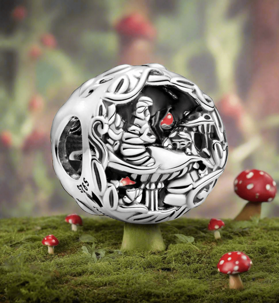 3d Alice in wonderland, caterpillar on mushroom,with alice small detailed, 925 solid  silver , standing pose,  925  sterling silver charm pendant, comes w 925 sterling silver snake chain 