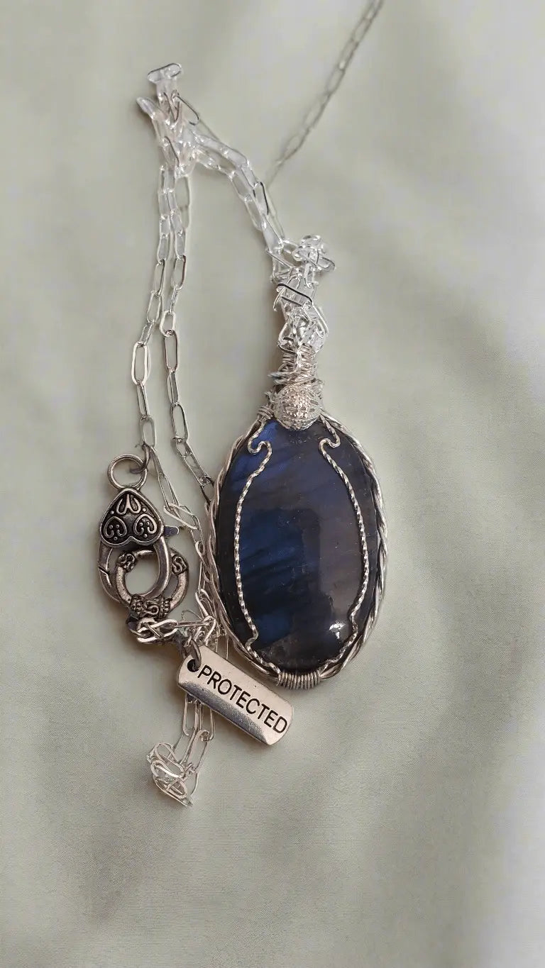 Untreated, blue fire Labradorite, Finland, Front side-Rare, Pendant, artisan jewelry 70ct,large  925 silver rope chain,Handmade,VERES Celtic Designs