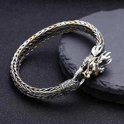 925 Sterling Silver Dragon-Mens Thick Handmade Faucet Woven Bracelet  2 tone 