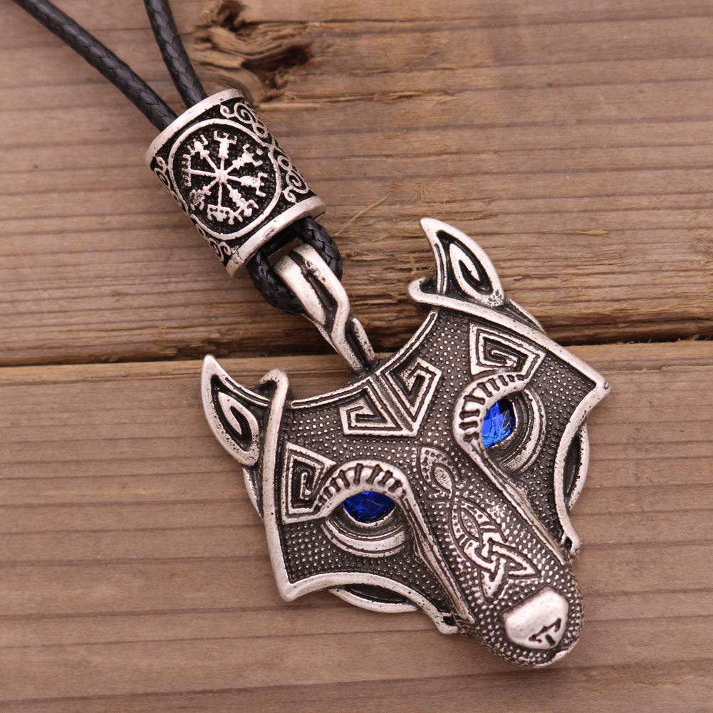 Viking Wolf Head Blue Eye Necklace With Celtic Knot Rune - Tartarian Treasures & Trinkets