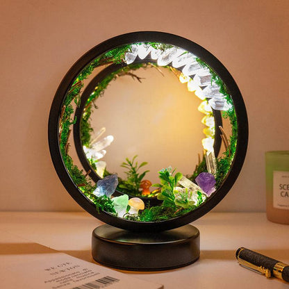 LED Gemstone forest- Round terrarium, LED lights, charger, black amethyst, Quartz, Labradorite, Quartz,  Rose Quartz, green calcite lights up crystals in darkness  - imitation plants Tartarian Treasures & Trinkets 