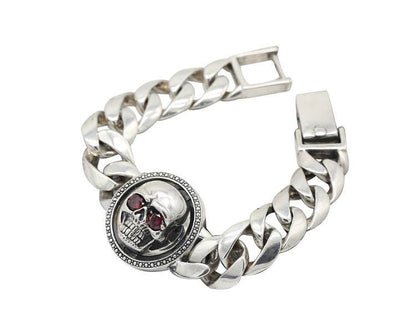 Solid 925 Sterling Silver Thick Mens Cuban link style Skull w Red stone eyes Bracelet -Tartarian Treasures and Trinkets  beautiful and heavy  unique gift him