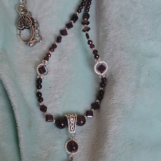 Video of Beautiful all red Almandine-Pyrope  RED GARNET full Necklace,  24 inch-1 of a kind, handmade, designer ,cleopatra, celtic design, using round and square red garnet gemstone beads, hematite beads, antique silver fittings, absolutely gorgeous, Veres Celtic Designs 