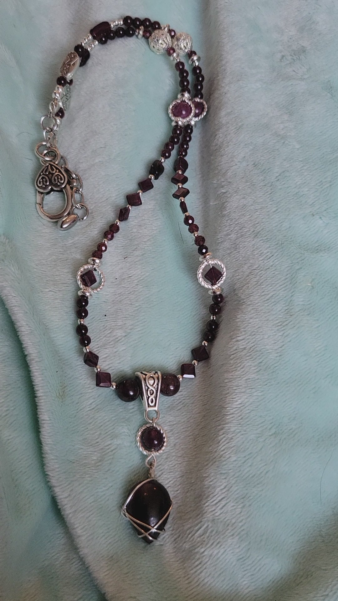 Video of Beautiful all red Almandine-Pyrope  RED GARNET full Necklace,  24 inch-1 of a kind, handmade, designer ,cleopatra, celtic design, using round and square red garnet gemstone beads, hematite beads, antique silver fittings, absolutely gorgeous, Veres Celtic Designs 