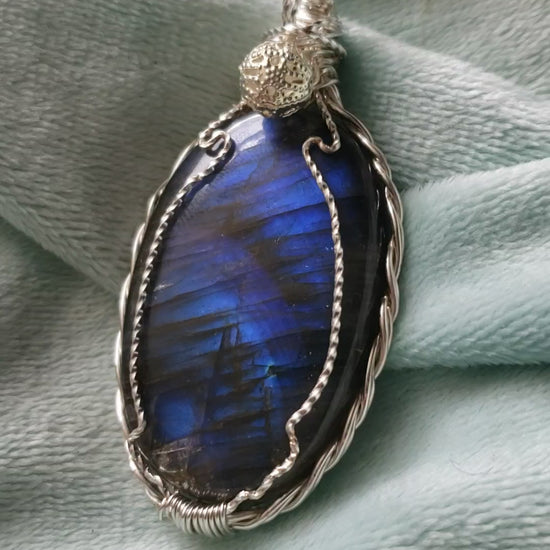 Untreated, blue fire Labradorite, Finland, Front side-Rare, Pendant, artisan jewelry 70ct,large  925 silver rope chain,Handmade,VERES Celtic Designs