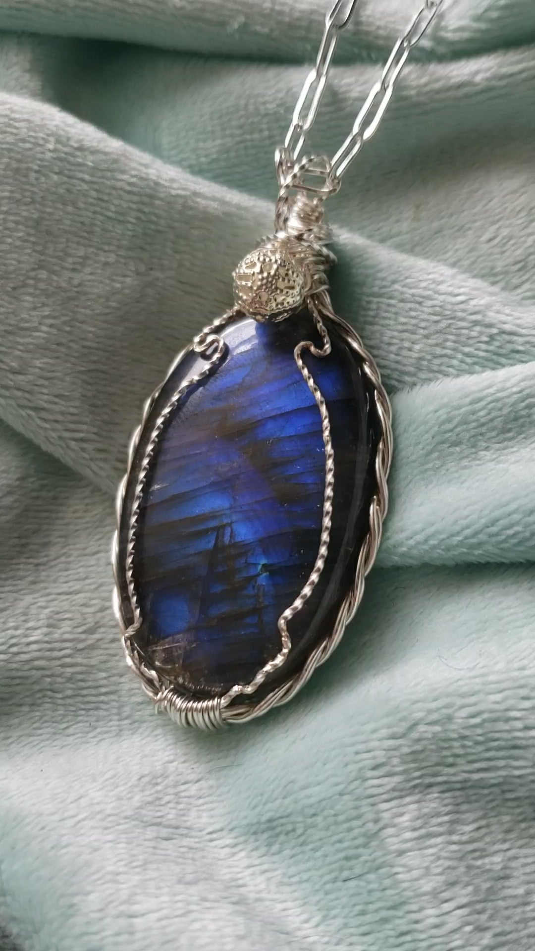 Untreated, blue fire Labradorite, Finland, Front side-Rare, Pendant, artisan jewelry 70ct,large  925 silver rope chain,Handmade,VERES Celtic Designs