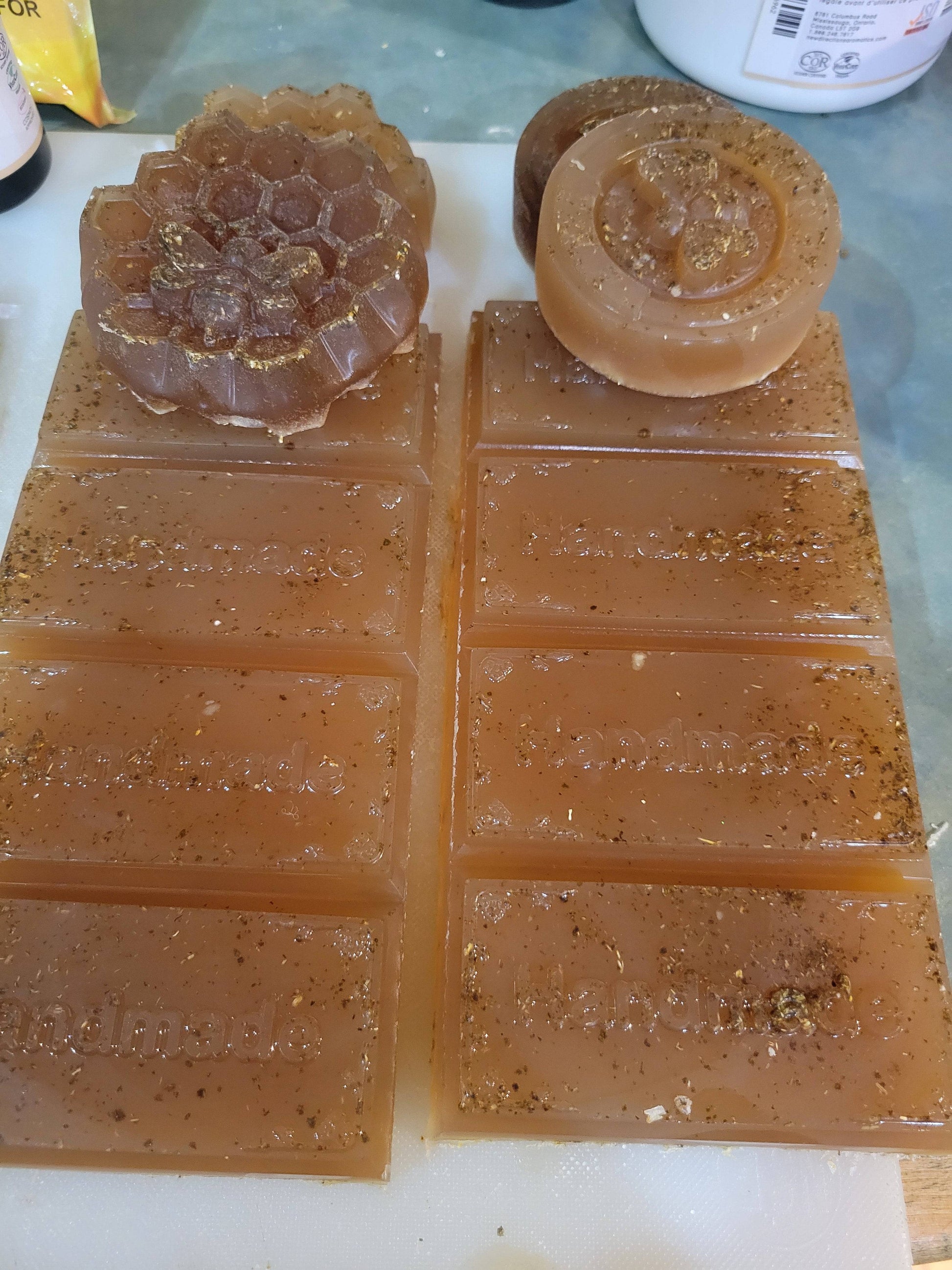 Handmade, Botanical, Holistic,  wildcrafted , healthy, Chamomile- Raw Honey and Vanilla bean soap- round 5oz bars, square "handmade "4oz bars, Honeycomb w bee design 5oz  w Honey Bee design- clear  vegetable glycerin soap base  BeTTerSkin Holistics 