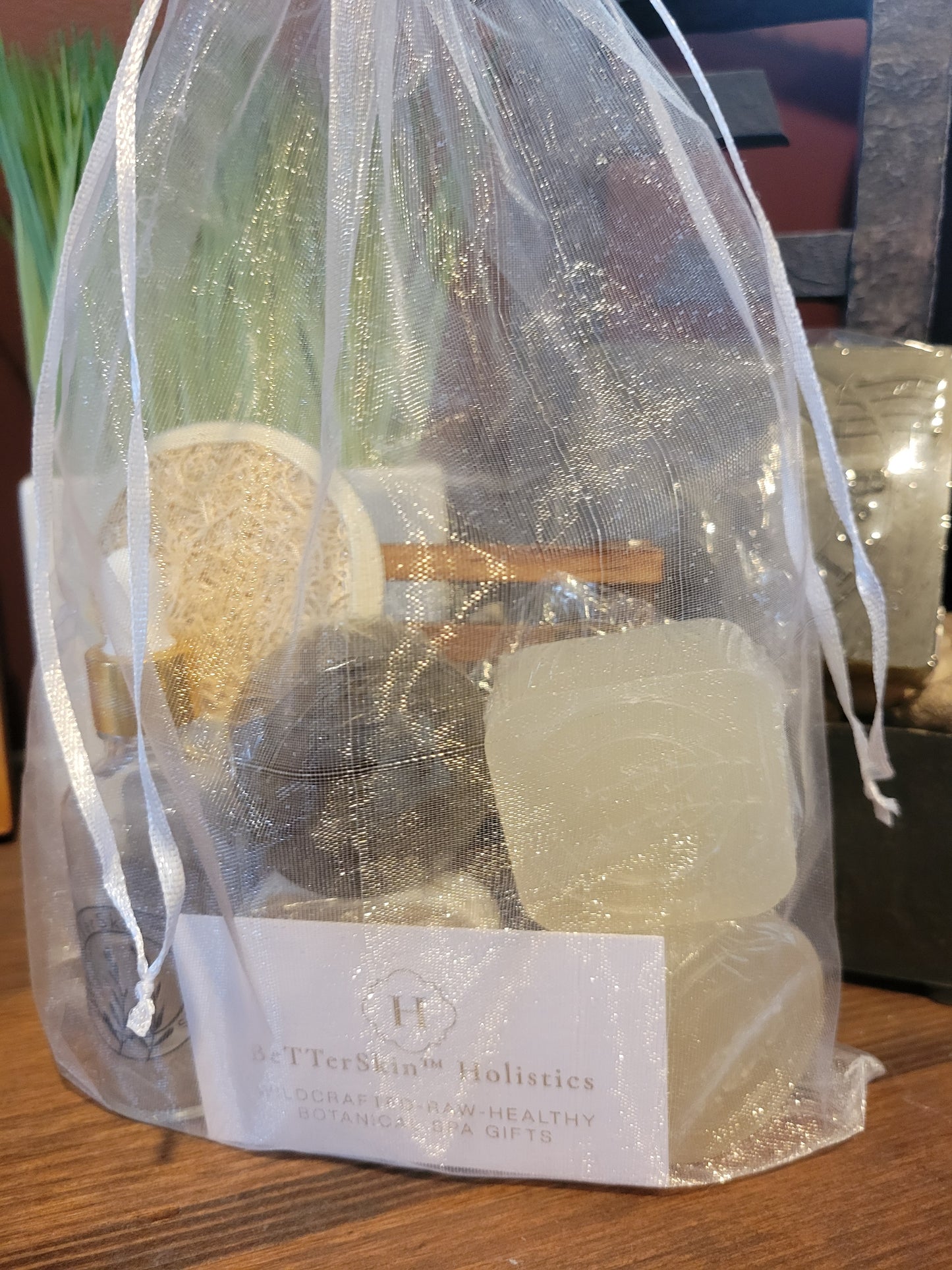 All BeTTerSkin Holistics  product soaps and gift baskets come giftwrapped in  this attractive see thru  white shimmering organza bag 6x9 